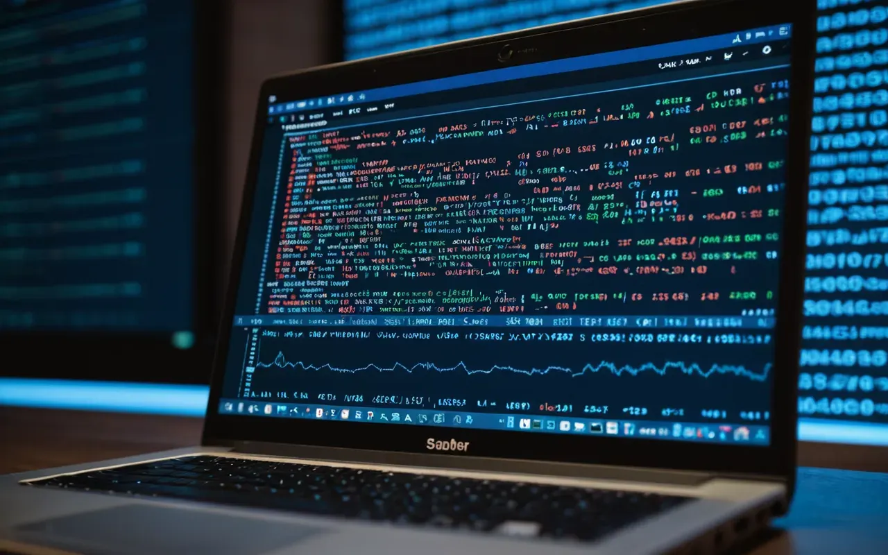 A close up of a laptop screen showing lines of code and browser developer tools in a dimly lit room with soft blue lighting.