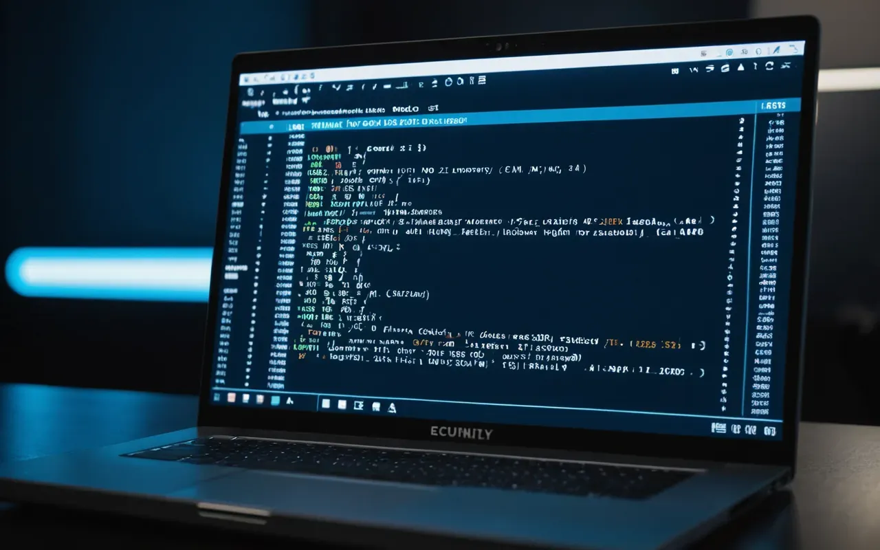 A close-up of a modern laptop screen displaying code and text editing interfaces in a dark room with soft blue ambient lighting from the monitor reflecting on a glass desk surface. No visible words or logos.