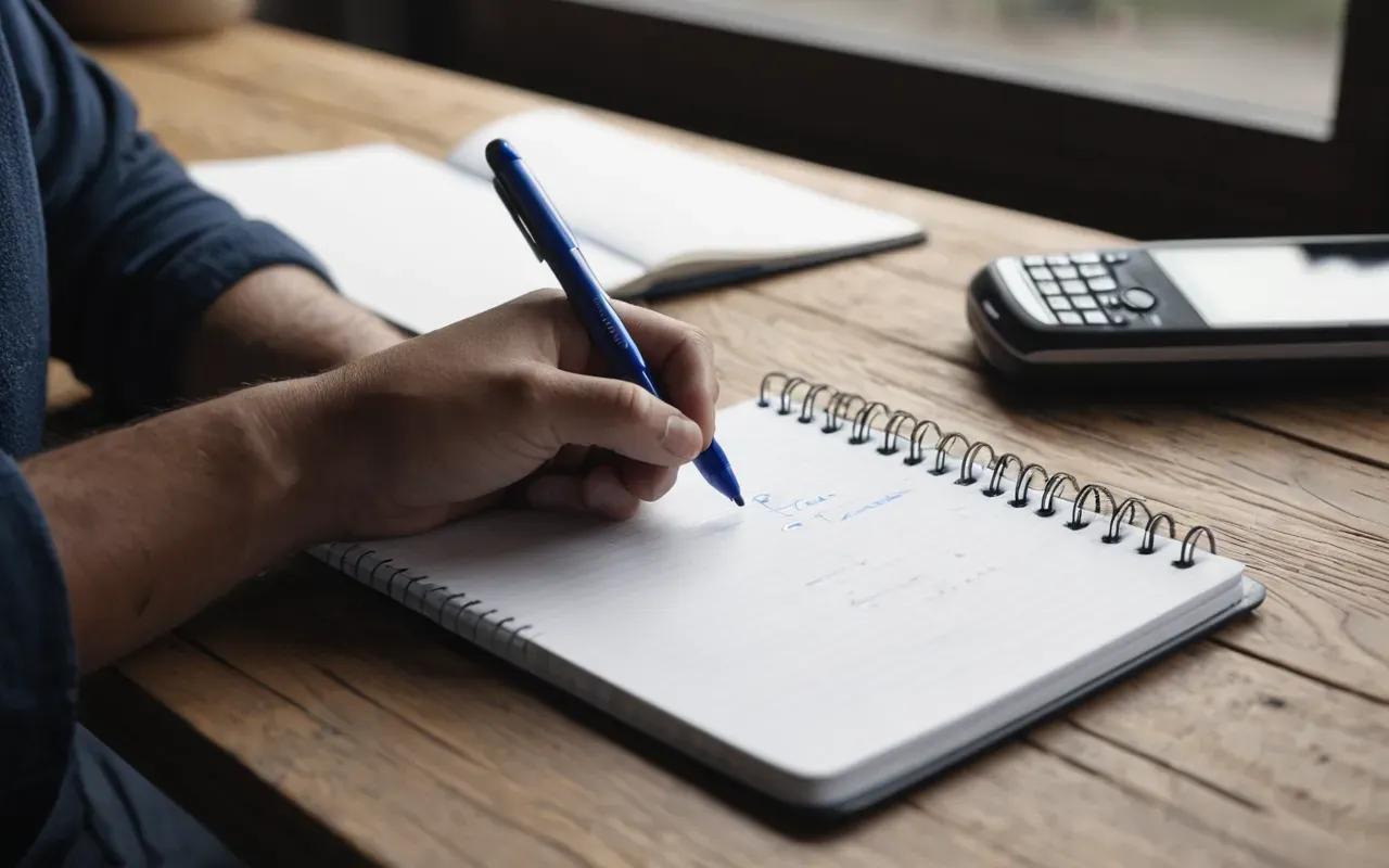seo strategy notes A close-up of a person's hands writing in a physical notebook with a blue pen. The desk is clean and minimalistic. A smartphone rests nearby on the wooden surface.