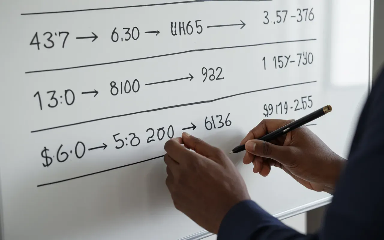 A close up of hands writing notes on a whiteboard with simple arrows and boxes in a bright office space.