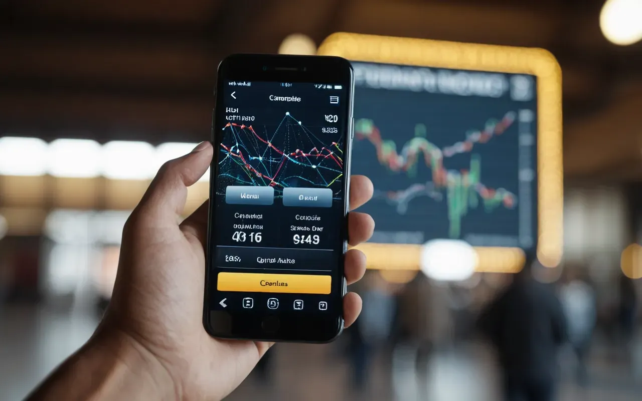 A close-up view of a hand holding a smartphone with an abstract interface showing flowing data streams and connected nodes. The background is softly blurred with warm office lighting.