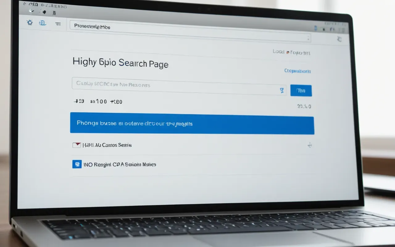 A close up view of a laptop screen showing a search engine results page with three blue links and grey text snippets under each title on a clean white background.