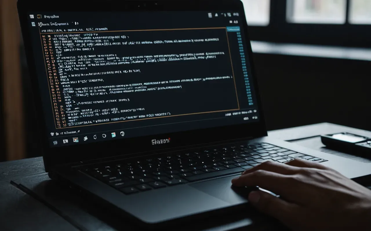 A close-up view of a modern laptop screen displaying lines of code in dark mode. A hand rests near the keyboard with natural lighting from a window on the left side emphasizing focus and technical detail without any visible text or logos.