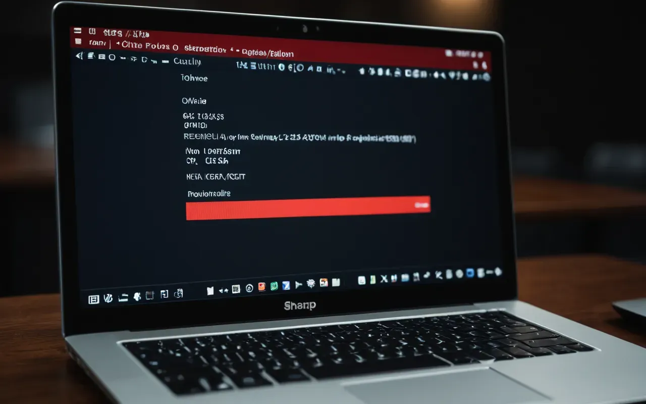 A close up view of a modern laptop screen displaying a generic red error code interface against a dark desk background with soft ambient lighting and no visible text or logos.