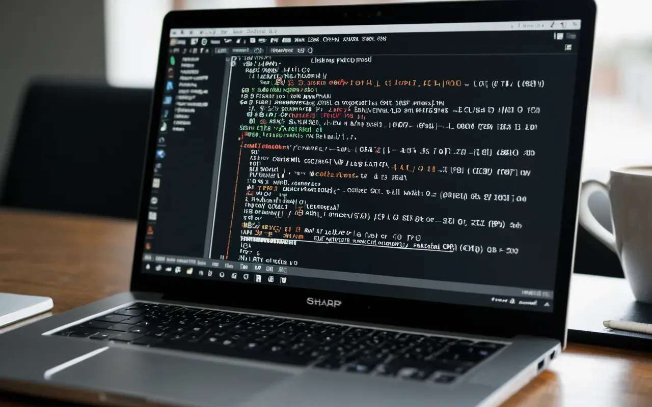 A close up view of a modern laptop screen showing a code editor with lines of HTML text visible on the display next to a cup of black coffee and a notebook in soft natural light from a nearby window.