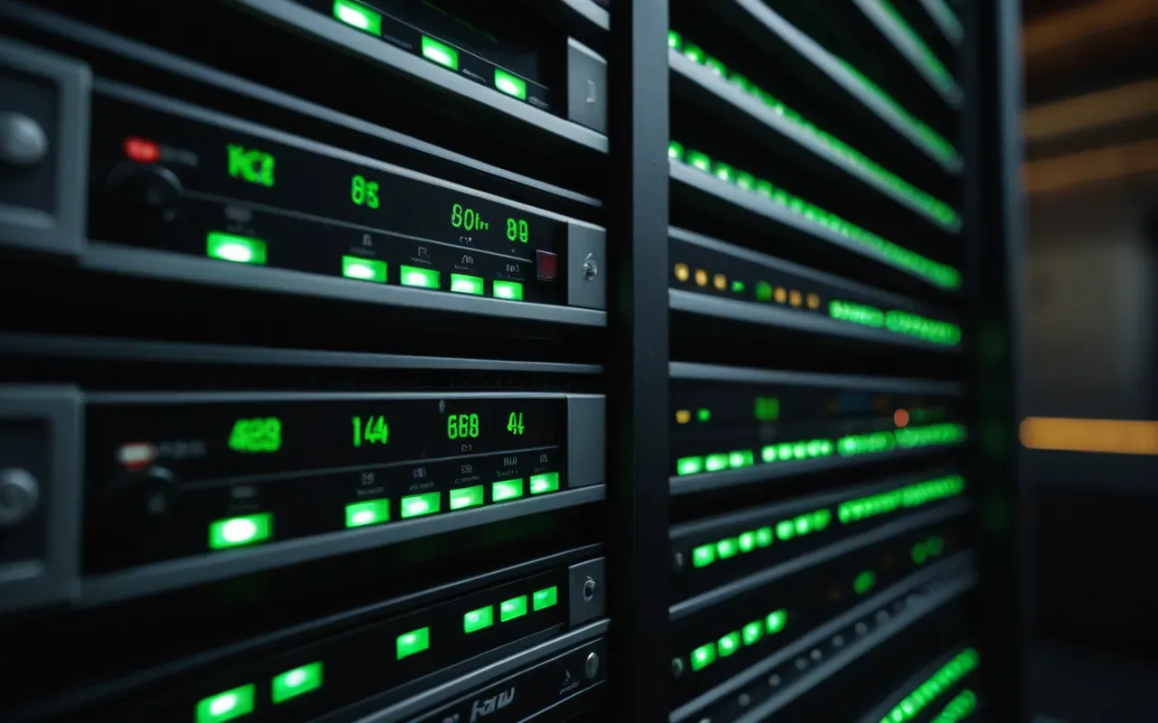 A close-up view of a server rack with blinking green and blue status lights in a dark room. The focus is on the physical hardware infrastructure that processes web traffic requests.