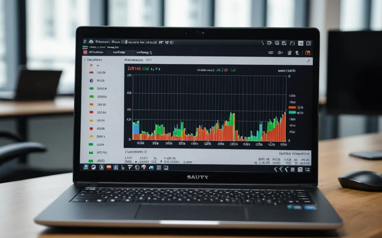 A close-up view of a sleek laptop screen displaying colorful data charts and upward trending graphs. The background is blurred showing a professional office environment with soft lighting.