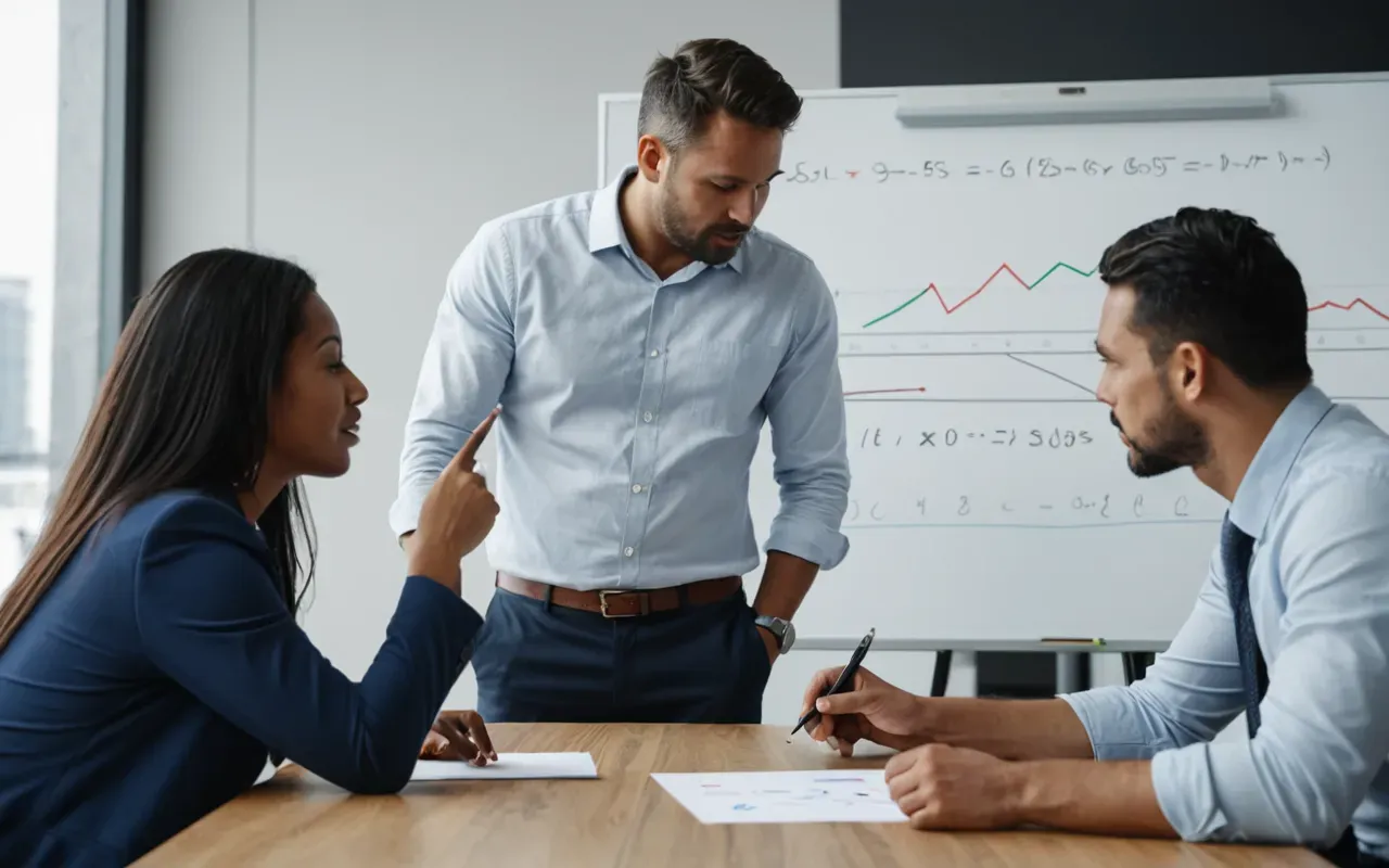 A diverse group of three professionals collaborating around a table in a bright modern workspace, pointing at abstract diagrams on a whiteboard with no writing visible.