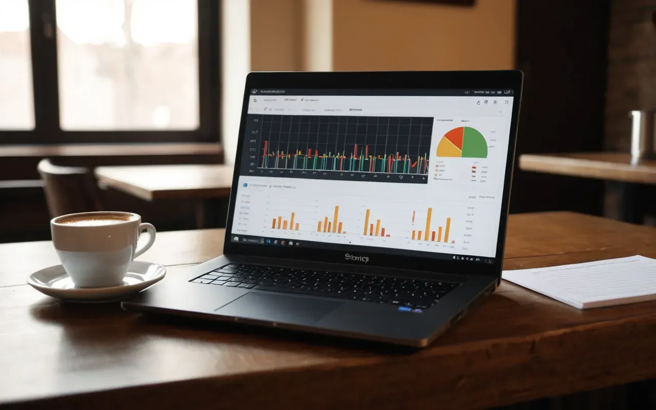 A laptop on a wooden desk next to a steaming cup of coffee. The screen displays abstract bar charts with no text visible. Warm morning light illuminates the scene.