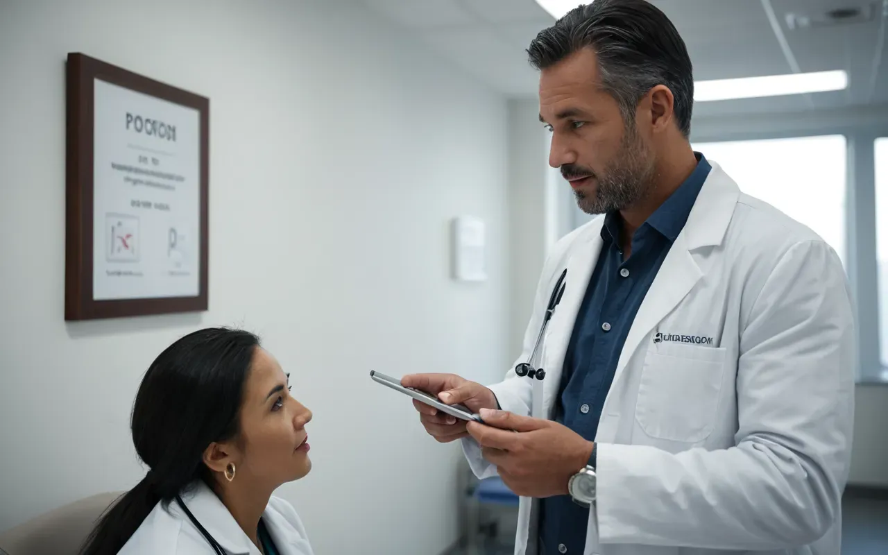 A medical doctor in a white coat talking to a patient in a modern clinic room with soft lighting and clean walls.