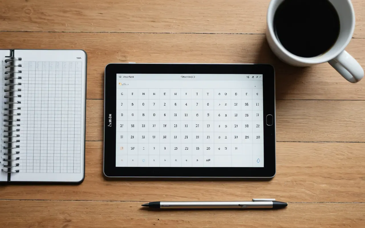 A minimalist flat lay of digital planning tools on a light wooden surface. A tablet displays a grid layout interface. Next to it lies a stylus and a small notebook with blank pages. The scene is clean and organized under bright, even lighting.