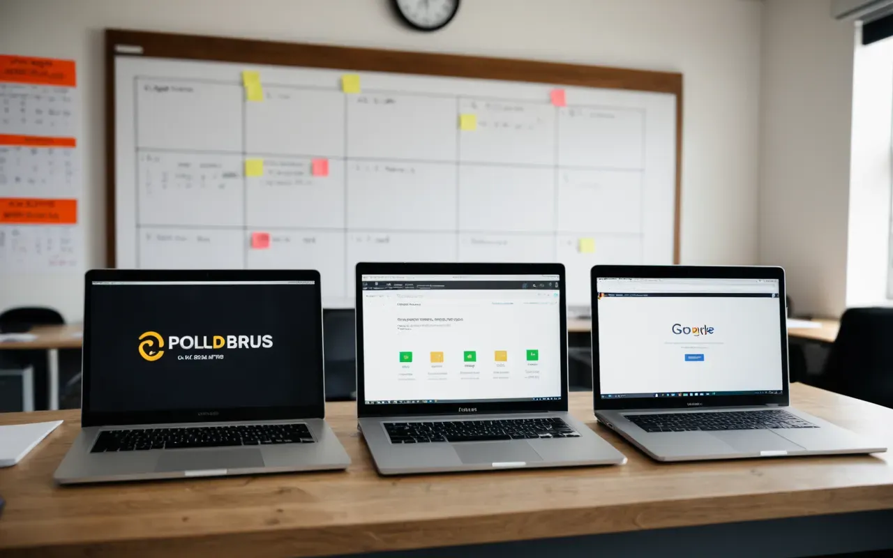 SEO content cluster planning visual strategy A modern office desk with three open laptop screens showing different website layouts and a whiteboard in the background covered in sticky notes arranged in a circular diagram.