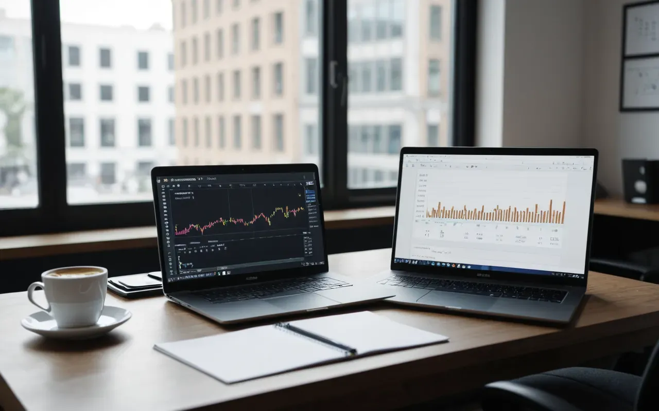 A modern office desk with two laptops showing abstract graphs, coffee cups, and a notebook with blank pages in soft natural light from a large window.