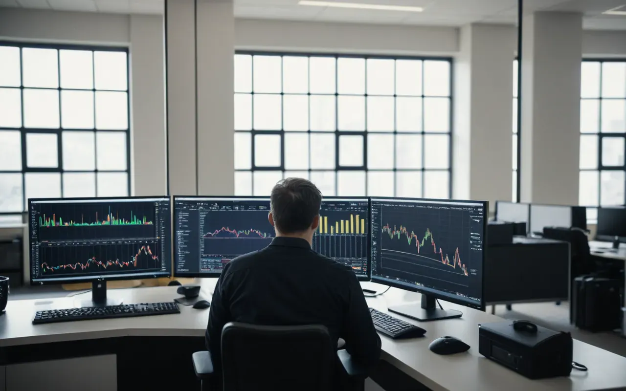 branded search monitoring A modern office environment with a person sitting at a desk looking at multiple computer monitors displaying abstract graphs and charts. The room has natural light from large windows, creating a bright and professional atmosphere focused on data analysis without any visible text or signage.