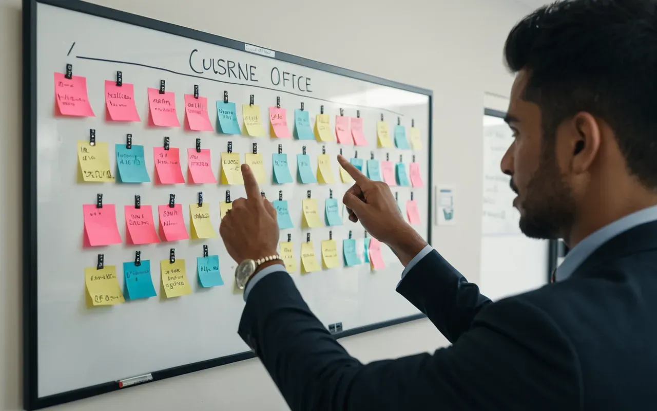 A modern office setting with a whiteboard covered in colorful sticky notes arranged in clusters. A person is pointing at the board while another takes notes on a tablet. Natural light from large windows.