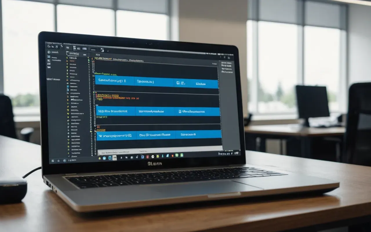 A modern office workspace with a laptop displaying code on one screen and project management tools on another. Natural light streams through large windows illuminating the clean desk setup.