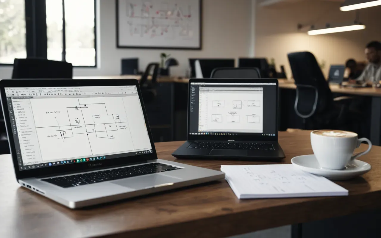 seo planning workspace A modern office workspace with a laptop screen glowing softly in the background. A coffee cup sits next to a notebook filled with hand-drawn flowcharts and strategy maps. The lighting is warm and natural, suggesting a focused late afternoon session.