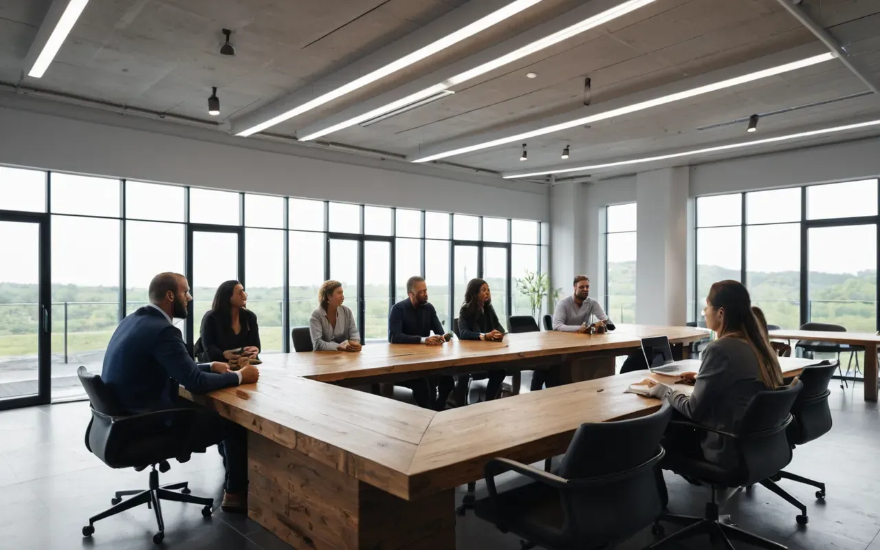 A modern open-plan office with large glass windows letting in natural light. A diverse team of professionals sits around a long wooden table discussing strategy over laptops and notebooks.