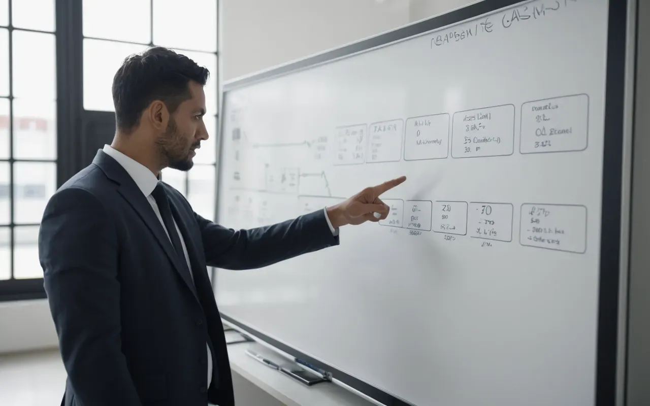 A person pointing at a whiteboard with diagrams and flowcharts in a bright modern office space with natural light.