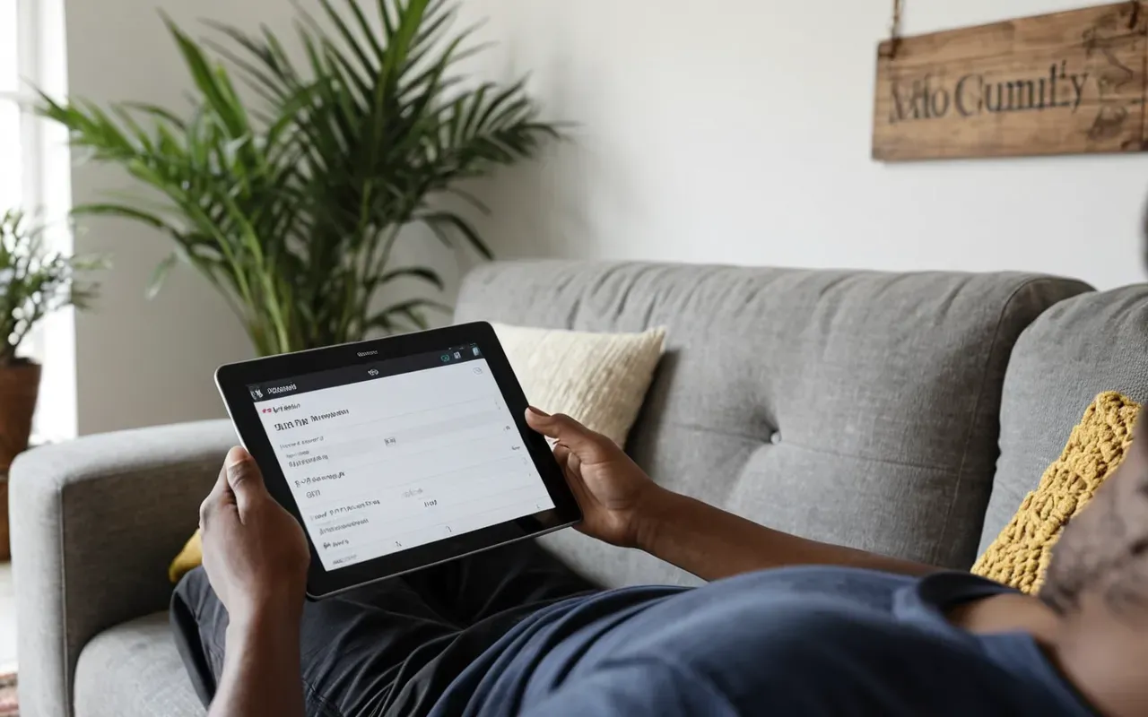 A person reading a digital tablet on a comfortable sofa in a bright living room with plants nearby.