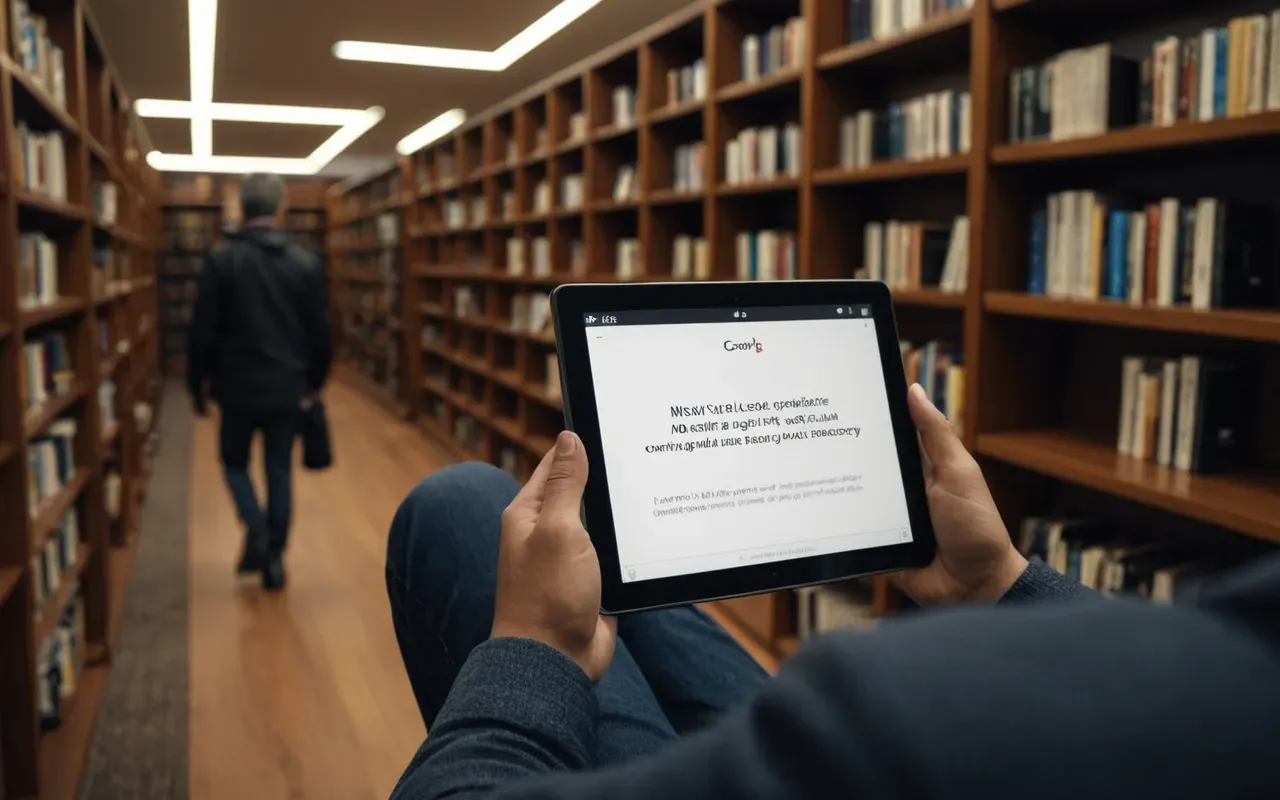 A person reviewing a document on a tablet while sitting in a modern library with tall bookshelves and warm ambient lighting.