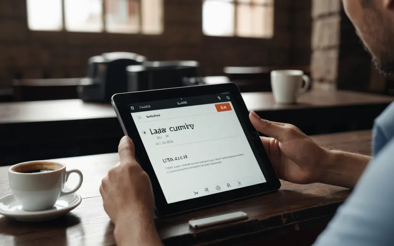 A person sitting at a desk looking confused while holding a tablet with their hand resting on the edge of the screen near a coffee cup.