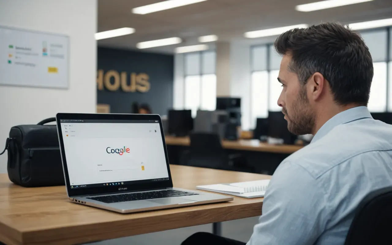 A person sitting at a wooden desk staring at a laptop screen with a frustrated expression in a bright modern office setting.