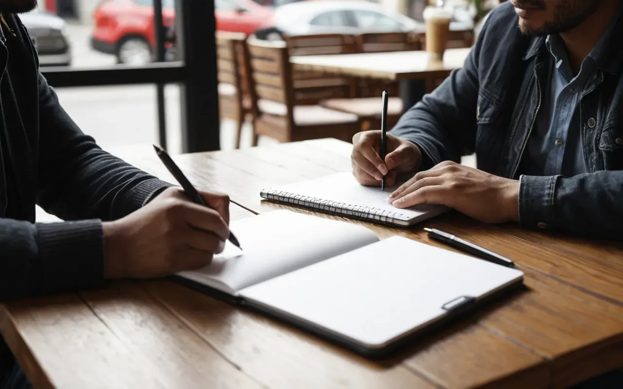 A person writing notes in a notebook at a cafe table with a laptop and coffee cup nearby under bright natural light.