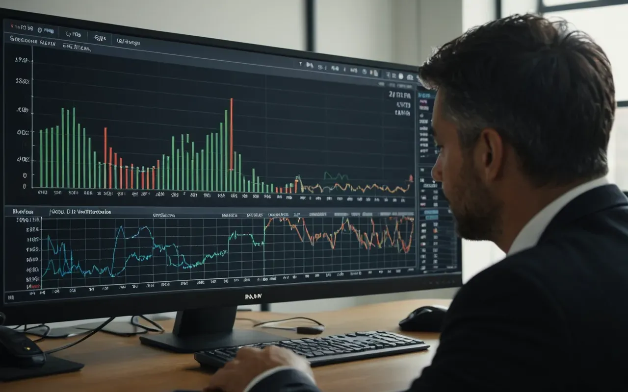A professional analyst reviewing data on a large monitor in a quiet office. The screen displays complex line graphs and bar charts indicating performance metrics over time.