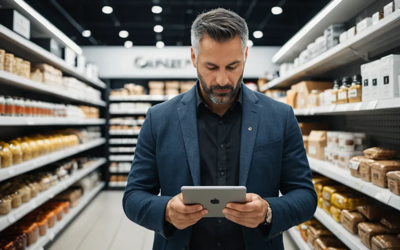 A professional business owner standing in a modern retail store looking at a tablet device. The background shows neatly arranged shelves with products under bright overhead lighting.