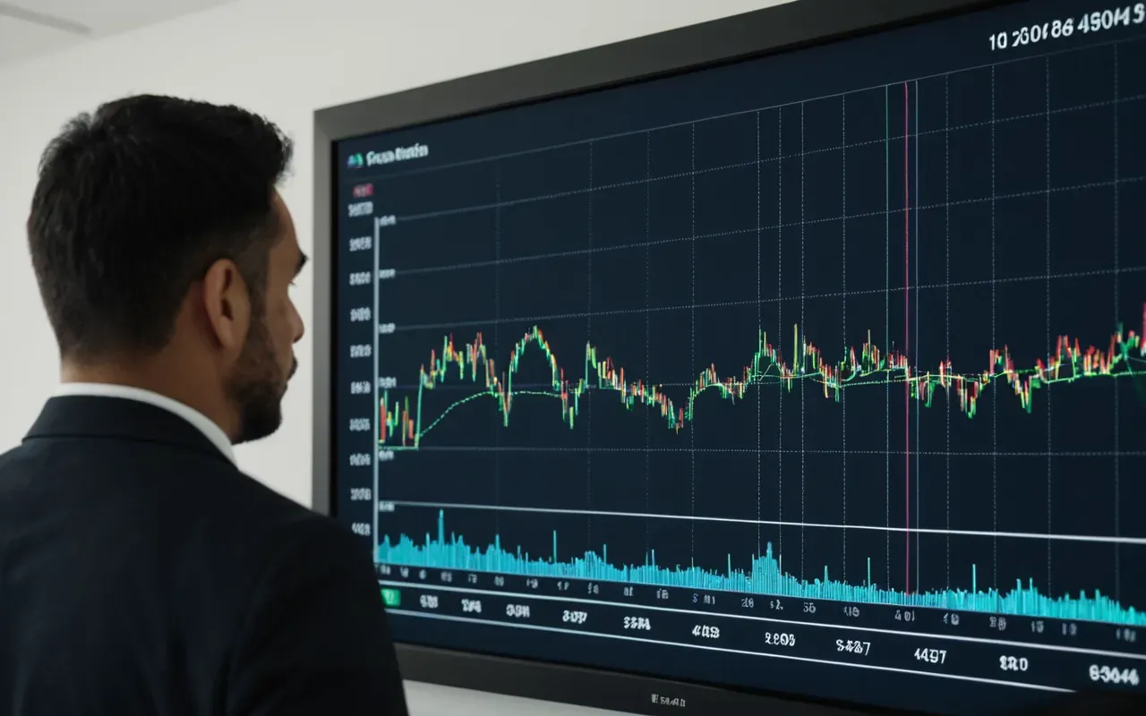 interactive seo strategy planning A professional standing next to a large interactive screen displaying colorful abstract data flows and connection lines. The person is pointing at a specific node in the network visualization while wearing business casual attire, set against a clean white background with soft studio lighting highlighting the interaction.