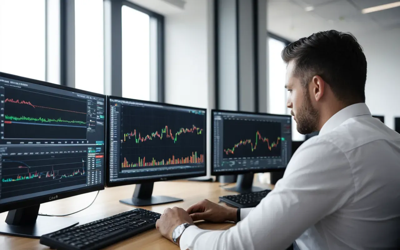 A professional working in a bright modern office setting looking at data charts on multiple monitors with natural window light and a calm focused atmosphere without any readable text or specific branding.