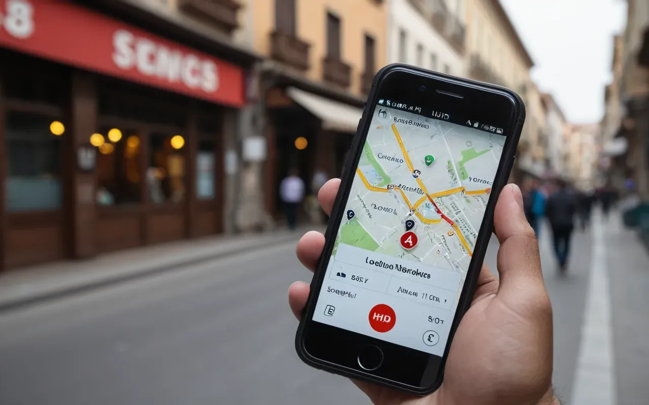 A smartphone in a person's hand showing a map interface with location markers against a blurred city street background.