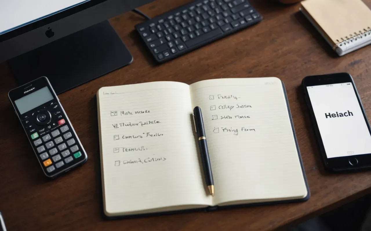 A top down view of a desk with an open notebook filled with handwritten notes next to a smartphone displaying a simple contact form interface under bright even lighting from above.