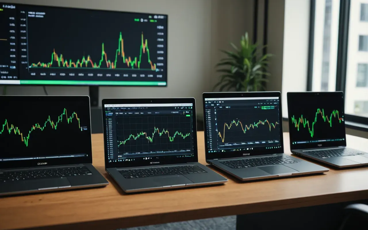 A wide shot of a modern office desk with two open laptops. One screen shows a line graph trending upward in green. The other displays a code interface. A hand rests on the keyboard, ready to type. Soft ambient lighting illuminates the workspace.