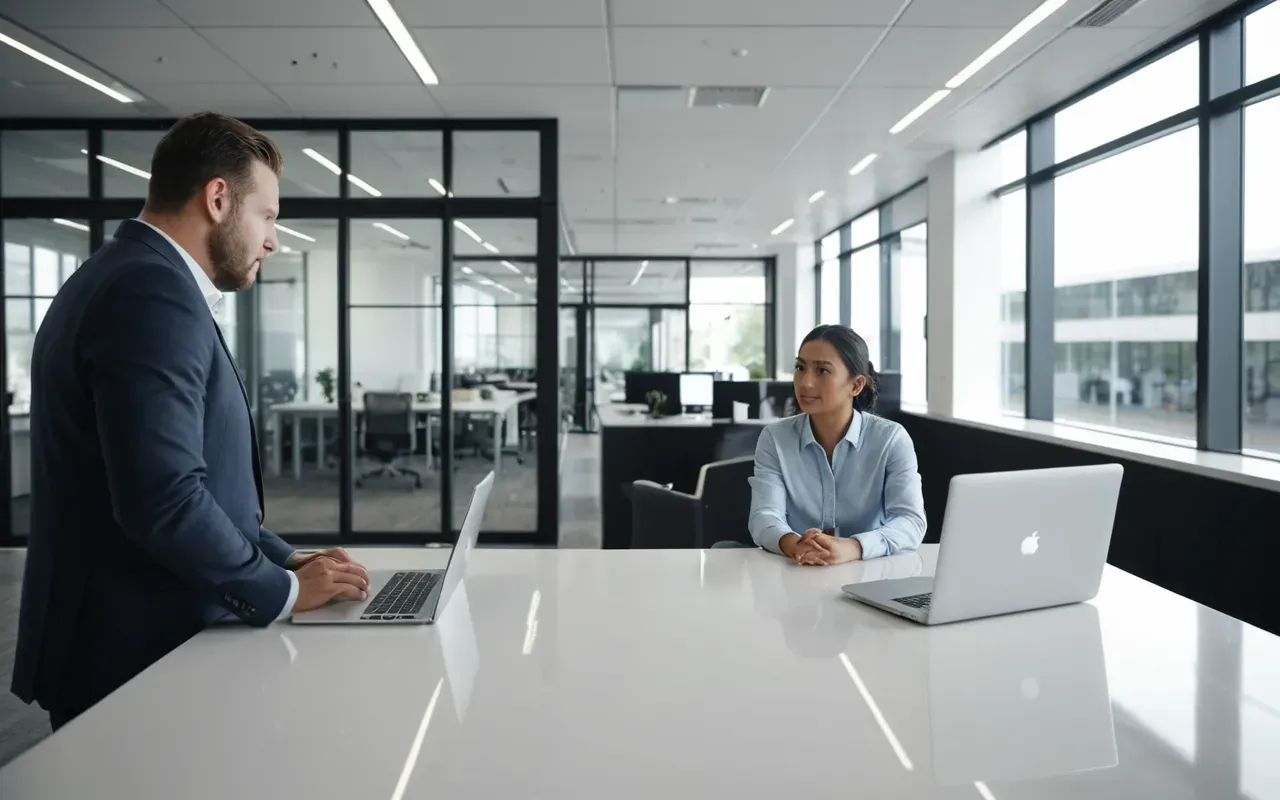 A wide shot of a modern office space with glass walls and white desks where two professionals are discussing strategy over a laptop while soft daylight streams in from large windows creating a bright collaborative atmosphere.
