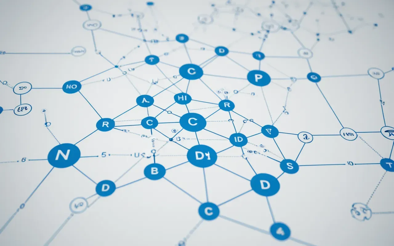 content cluster mapping Abstract graphic representation of connected nodes and pathways on a white background with soft blue accents and minimal design elements