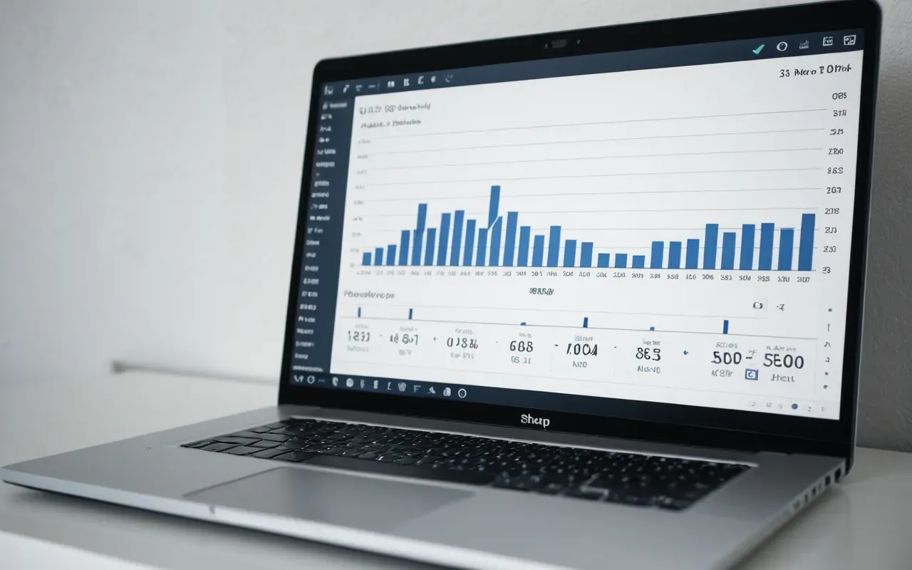 Clean editorial photograph of a laptop screen showing abstract data visualization charts in neutral blue and gray tones on a white desk surface