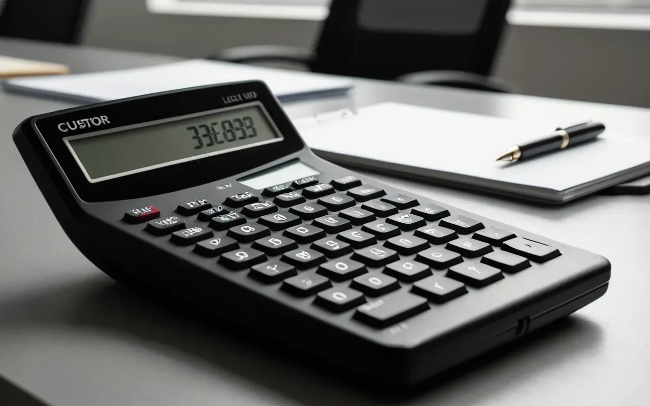 Close-up of a calculator and a pen on a light grey desk surface with soft shadows indicating focused work session in a modern professional setting