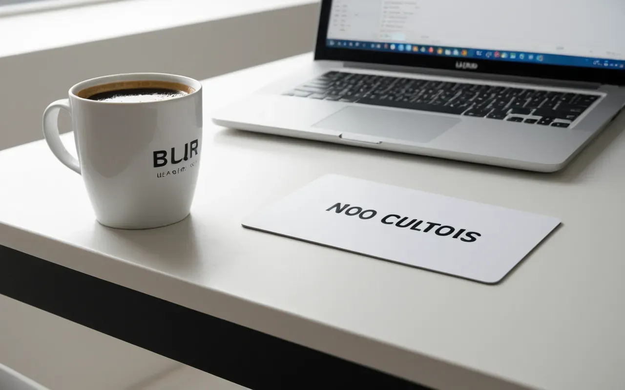 Close-up of a clean white desk surface with a laptop and coffee cup in soft natural light with minimal shadows and neutral colors.
