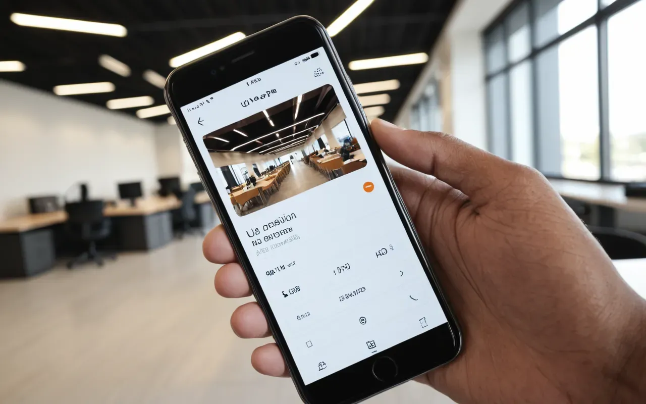 Close-up of a hand holding a modern smartphone in a bright contemporary office setting with soft natural light and blurred background elements suggesting a workspace.