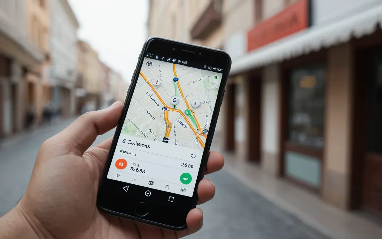 Close-up of a hand holding a modern smartphone with a clean interface showing abstract navigation elements in soft neutral colors on a blurred background suggesting a cafe setting
