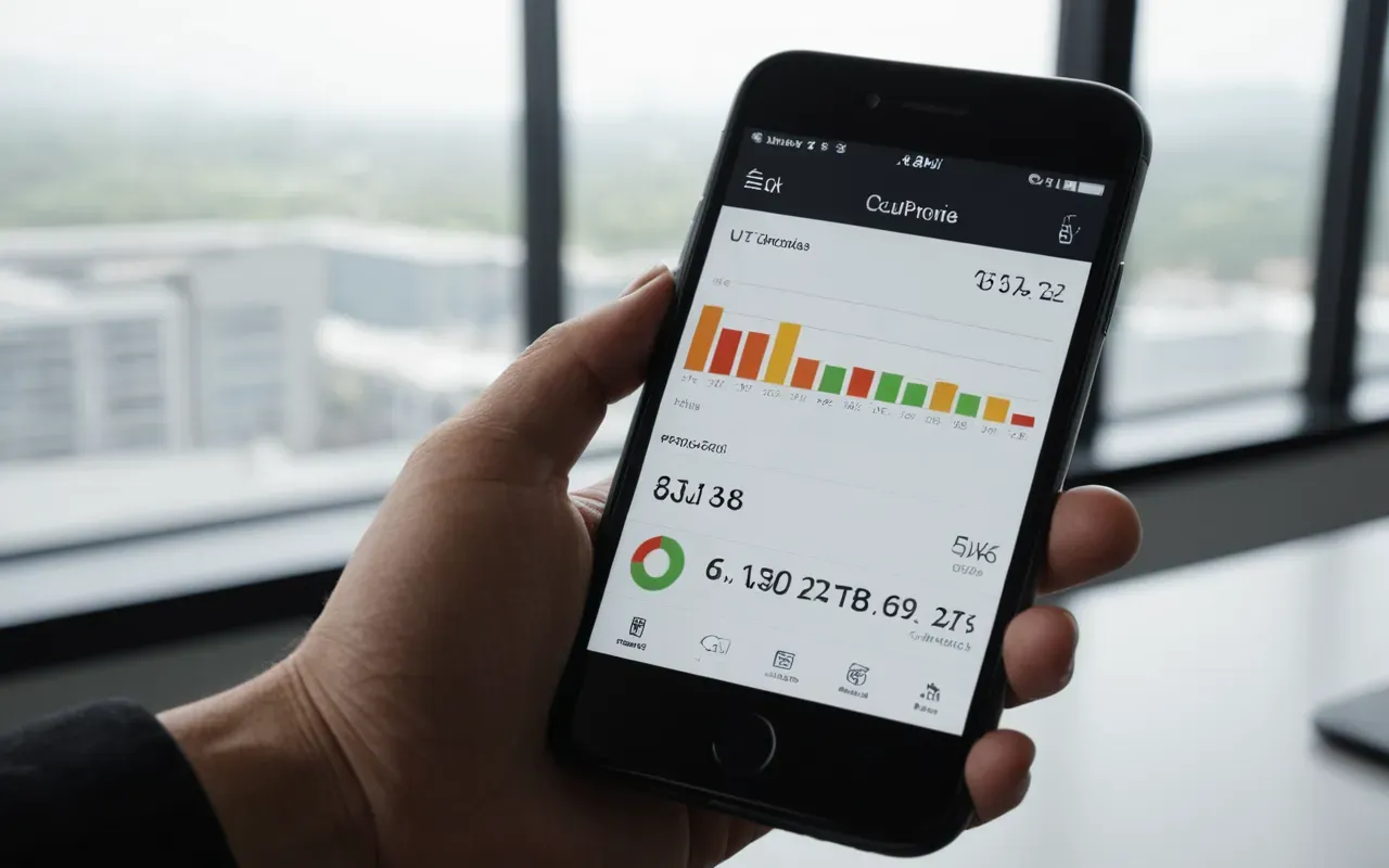 Close-up of a hand holding a smartphone with a clean white screen showing simple data charts in a modern office setting with soft natural light from a window nearby.