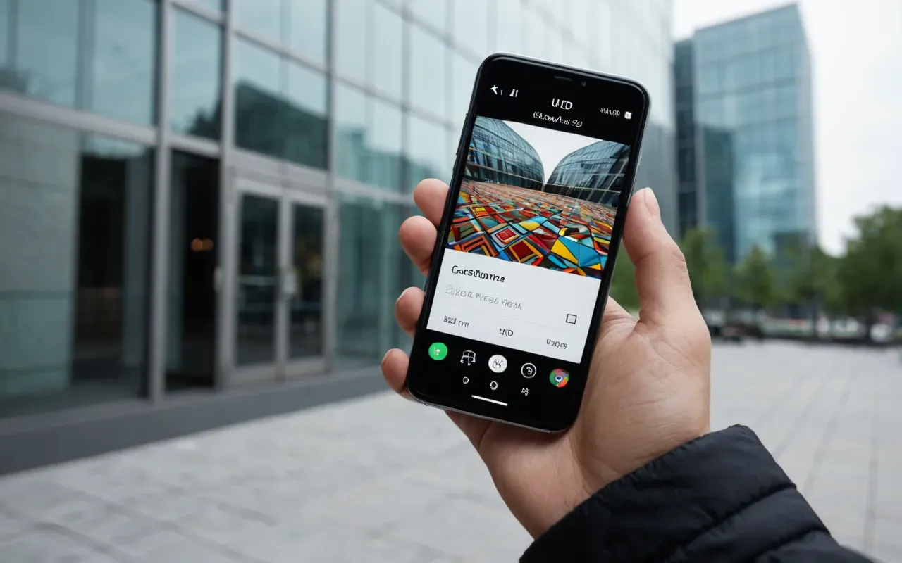 Close up of a hand holding a smartphone with abstract colorful geometric shapes on the screen. The background is blurred showing a modern glass building facade.