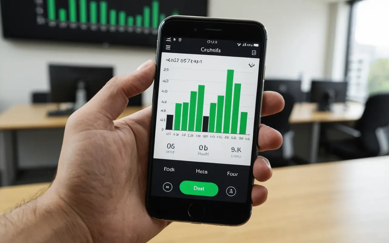 Close up of a hand holding a smartphone displaying a simple bar chart with green upward arrows against a blurred office background