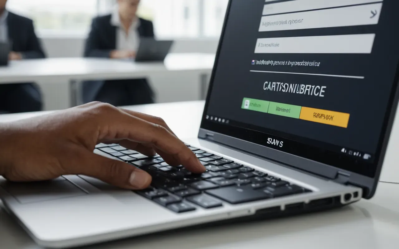 Close-up of a hand typing on a laptop keyboard in a modern bright office with blurred background elements and soft diffused lighting creating a clean professional atmosphere.