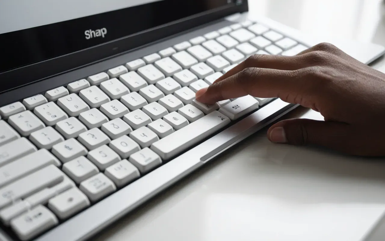 Close-up of a laptop keyboard with fingers typing on white keys in a well-lit modern workspace with soft shadows and clean lines.
