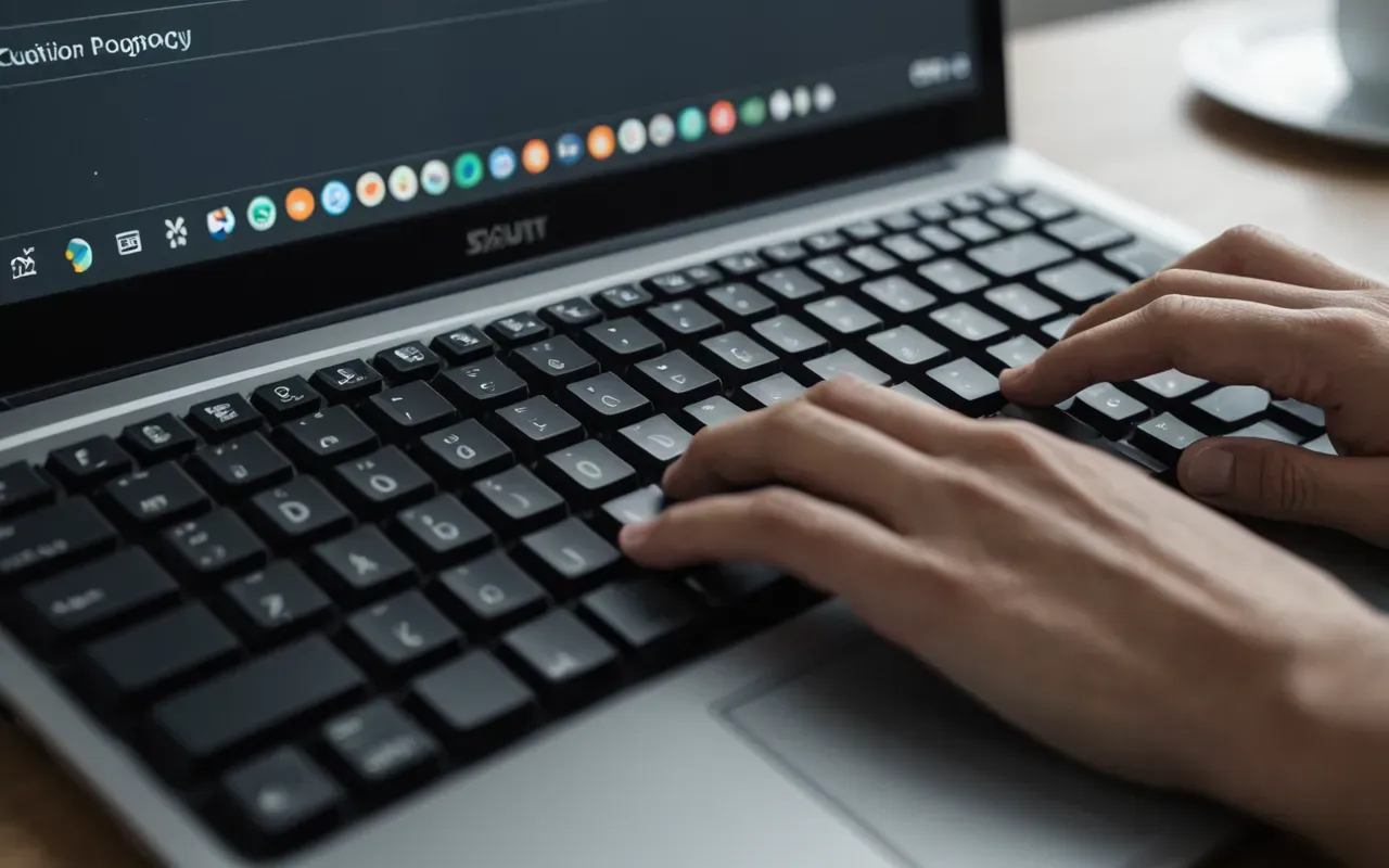 Close-up of a modern laptop keyboard with fingers typing rapidly on the keys and a blurred background showing abstract geometric shapes in muted tones.