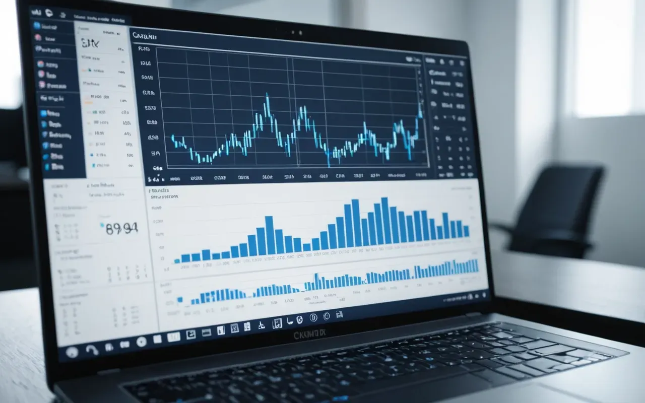 data analysis tools Close up of a modern laptop screen displaying abstract data visualization graphics with blue and white tones in a clean office setting