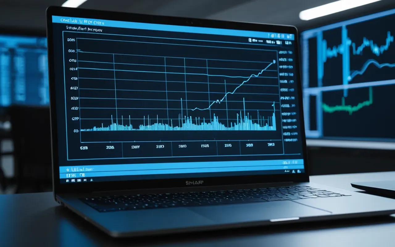 Close up of a modern laptop screen displaying abstract data visualizations with soft blue lighting in a minimalist office setting